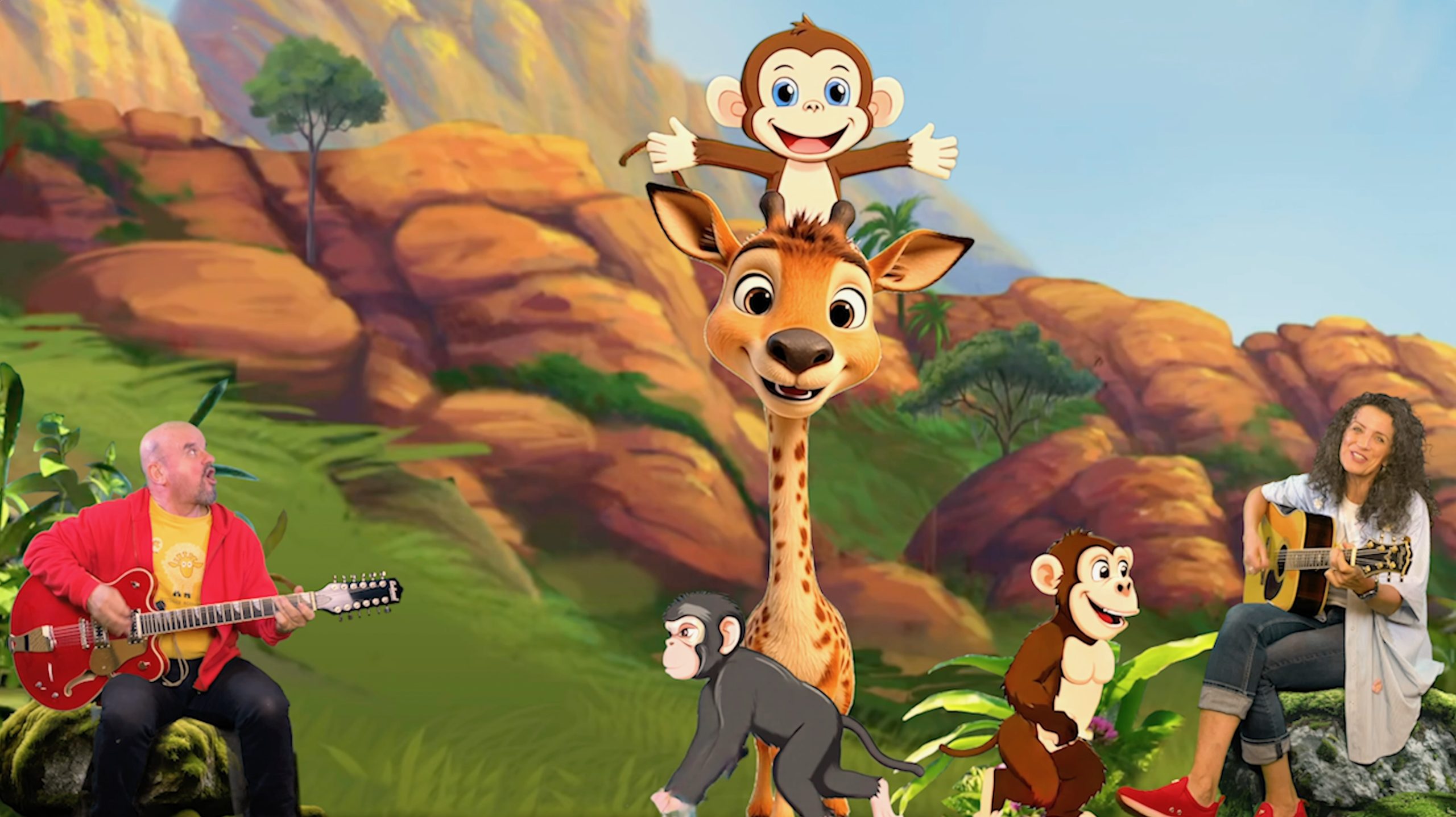 Margit und Toni sitzen mit ihren Gitarren vor einer Gebirgslandschaft. Zwischen ihnen befinden sich drei Affen, von denen einer auf dem Kopf einer Giraffe sitzt.
