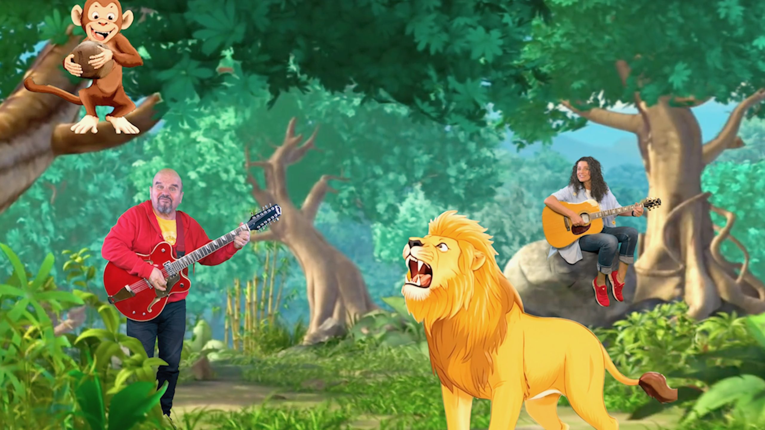 Toni und Margit befinden sich mit ihren Gitarren in einer Dschungel-Landschaft. Zwischen ihnen befindet sich ein Löwe, der einen Affen anbrüllt, der hinter Toni auf einem Baum sitzt